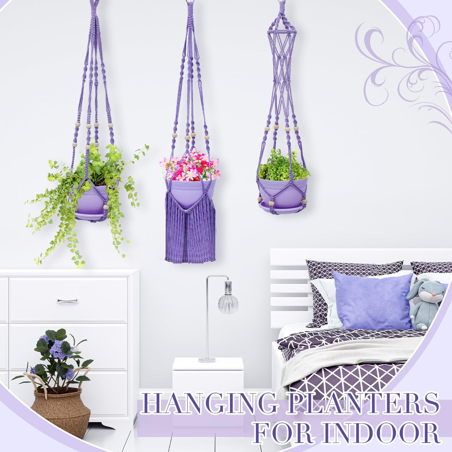 Hushee 3 Pack Crochet Macrame Plant Hanger Hanging Planters for Indoor Plants with Trays and Hooks Hanging Plant Holder Pot with Drainage Hole Boho Plant Hanger for Outdoor Flower Gardening Gift Decor