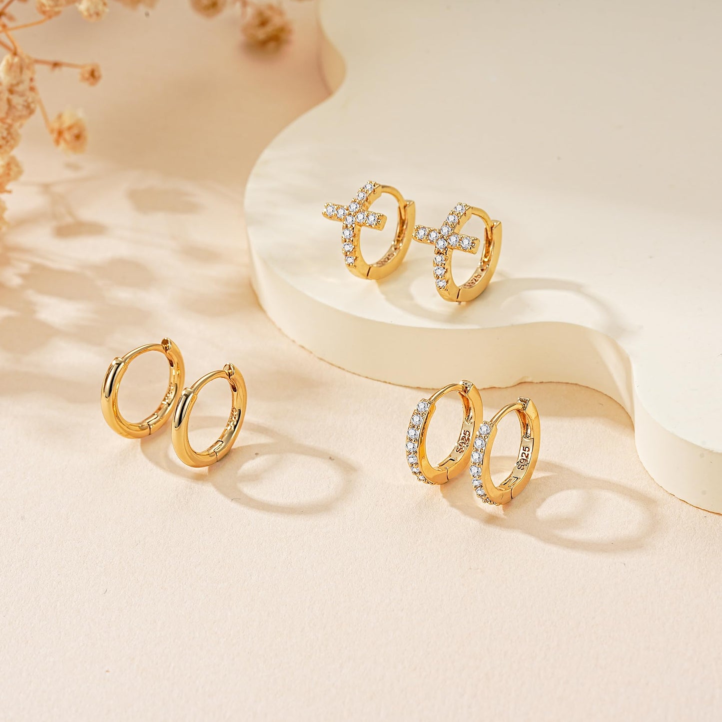 DORANA Small Gold Cross Hoop Earrings Set for Women 925 Sterling Silver Huggie Earrings Non Tarnish Stackable Earring Sets for Multiple Piercing Cross Earring