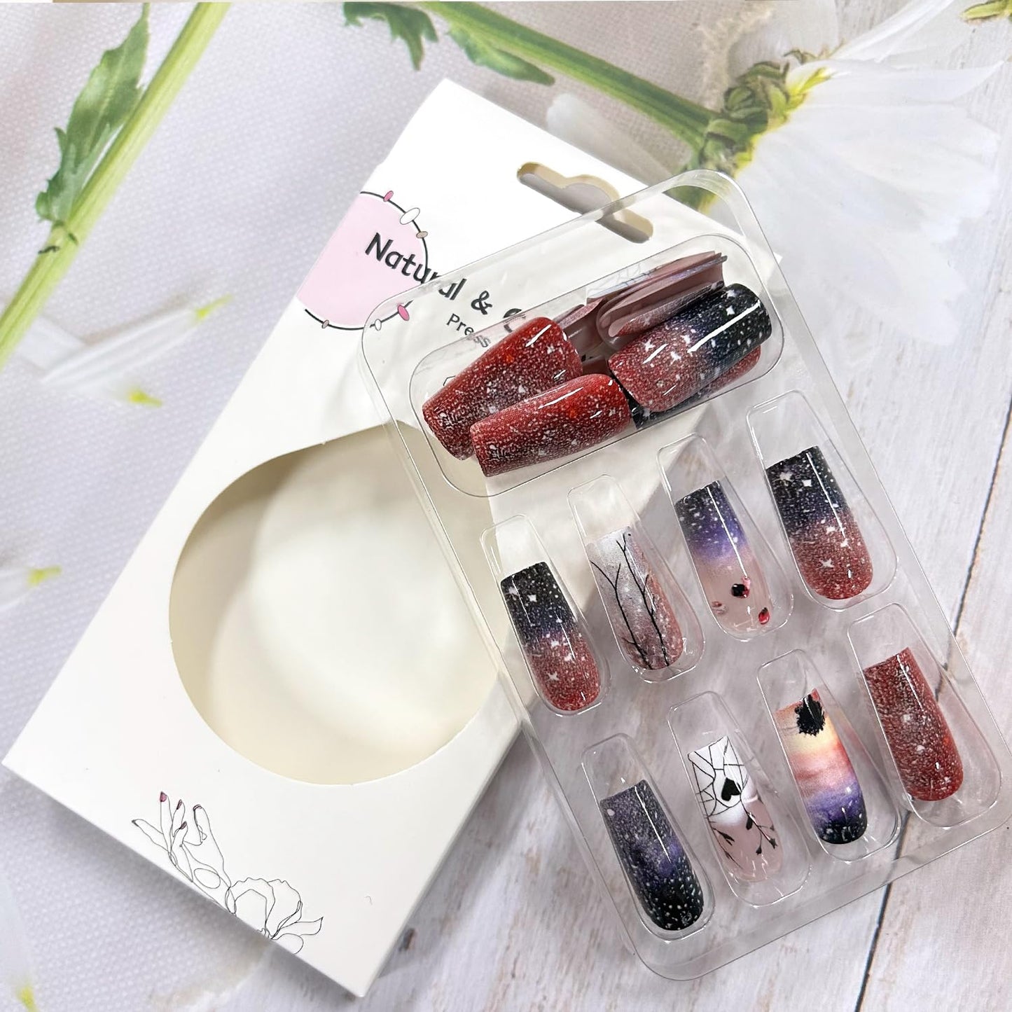 CJDLTS Press on Nails Medium Square Starry Sky False Nails Heart Fake Nails Press on Nails with Design Rhinestones Stick on Nails Artificial Acrylic Glitter Nails Full Cover Glue on Nails for Women