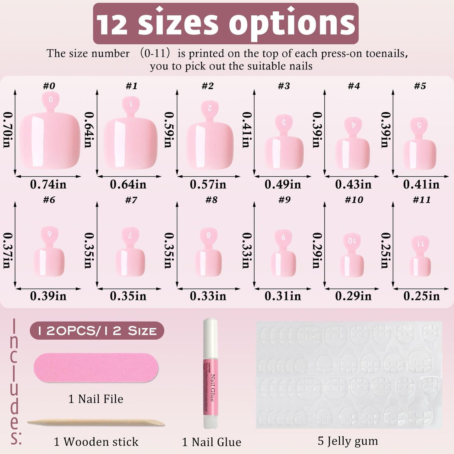 120pcs Light Pink Press on Toenails for Women,Short Square Fake Toe Nails,12 Sizes False Toenails with Nail Glue and Adhesive Tabs