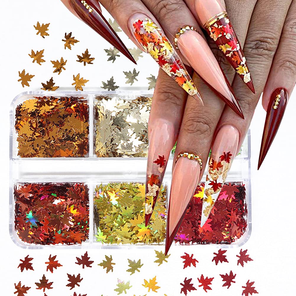 Fall Glitter Nail Sequins Maple Leaf Glitters Flakes 3D Holographic Laser Maple Leaves Shaped Nail Glitters Autumn Nail Art Stickers Decals Fall Nail Designs Sequin Confetti Glitter Leaves (6 Grids)