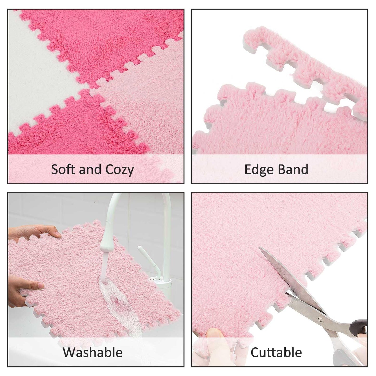Amylove 72 Pieces Plush Foam Floor Mat Square Interlocking Carpet Tiles with Border 12 x 12 x 0.4 in Fluffy Play Mat Floor Tiles Soft Climbing Area Rugs for Home Playroom(White, Pink, Rose Red)