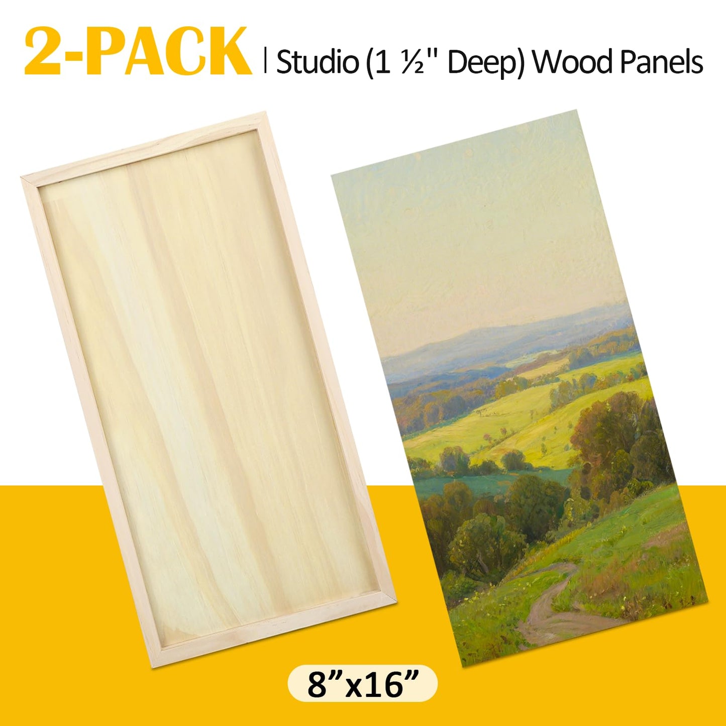 Falling in Art 2 Pack Unfinished Wooden Canvas Panels, 8x16 Gallery Birch Wood Panels Kit, 1 1/2" Deep Art Cradle Boards for Acrylic Painting, Pouring and Burning