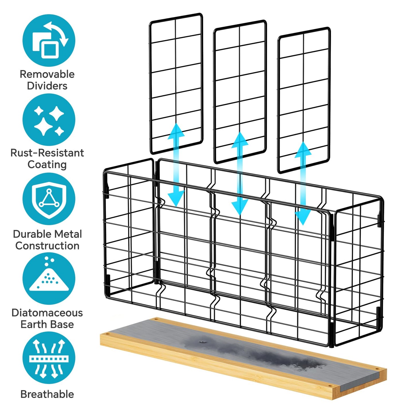 NiHome Metal Kitchen Utensil Holder with Diatomaceous Earth Base, Fast Drying & Odor Control, Large 4-Compartment Utensil Caddy for Spatulas, Tongs, Whisks, Rustproof Organizer with No Scratch Bottom