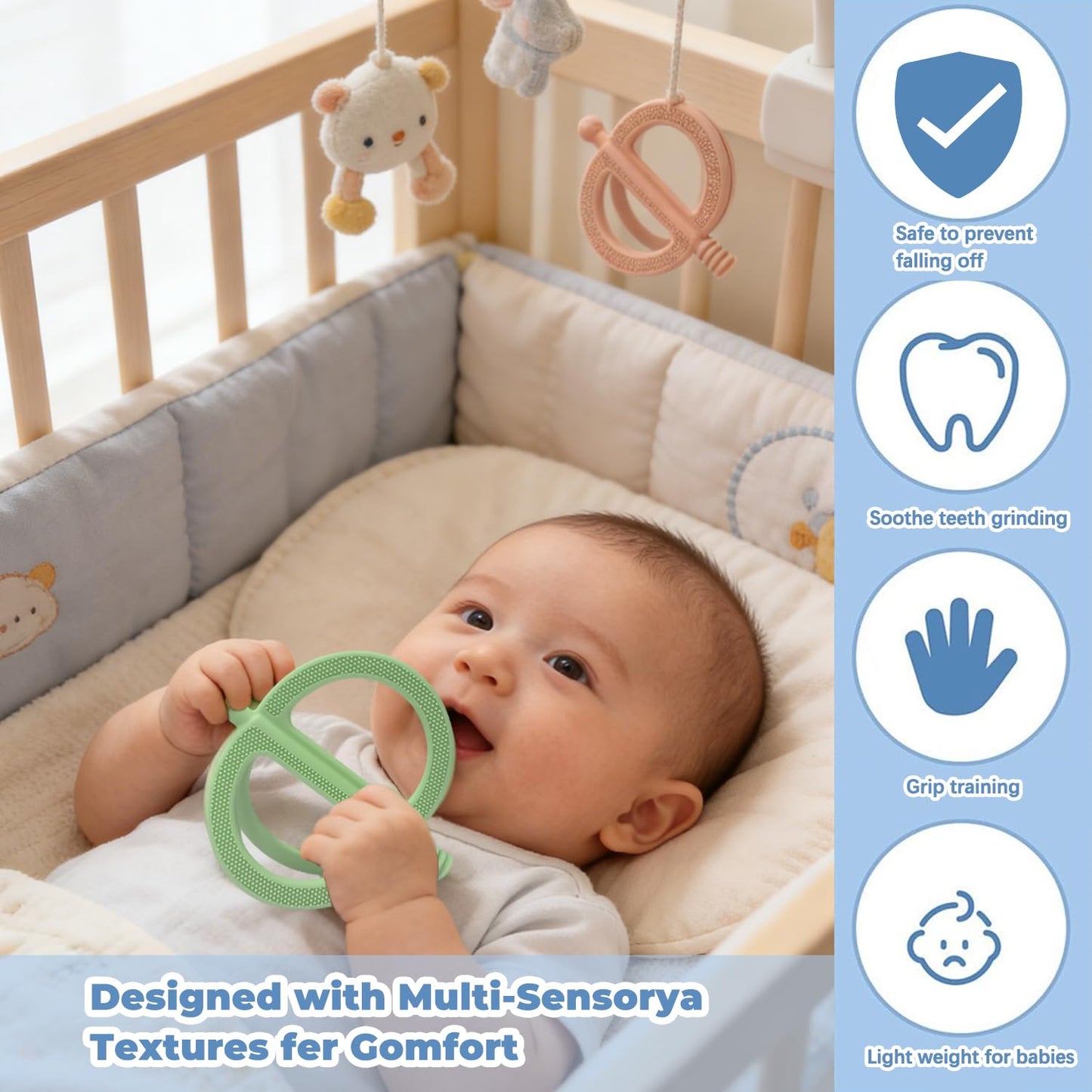 MACLUD 3 Pack Baby Teething Toys, Anti Dropping Wrist Hand Teethers & Easy-Grip Teether Ring, Food-Grade Silicone for Teething Relief, Newborn Essentials Chew Toys 0-12 Months（Blue&Pink&Green）