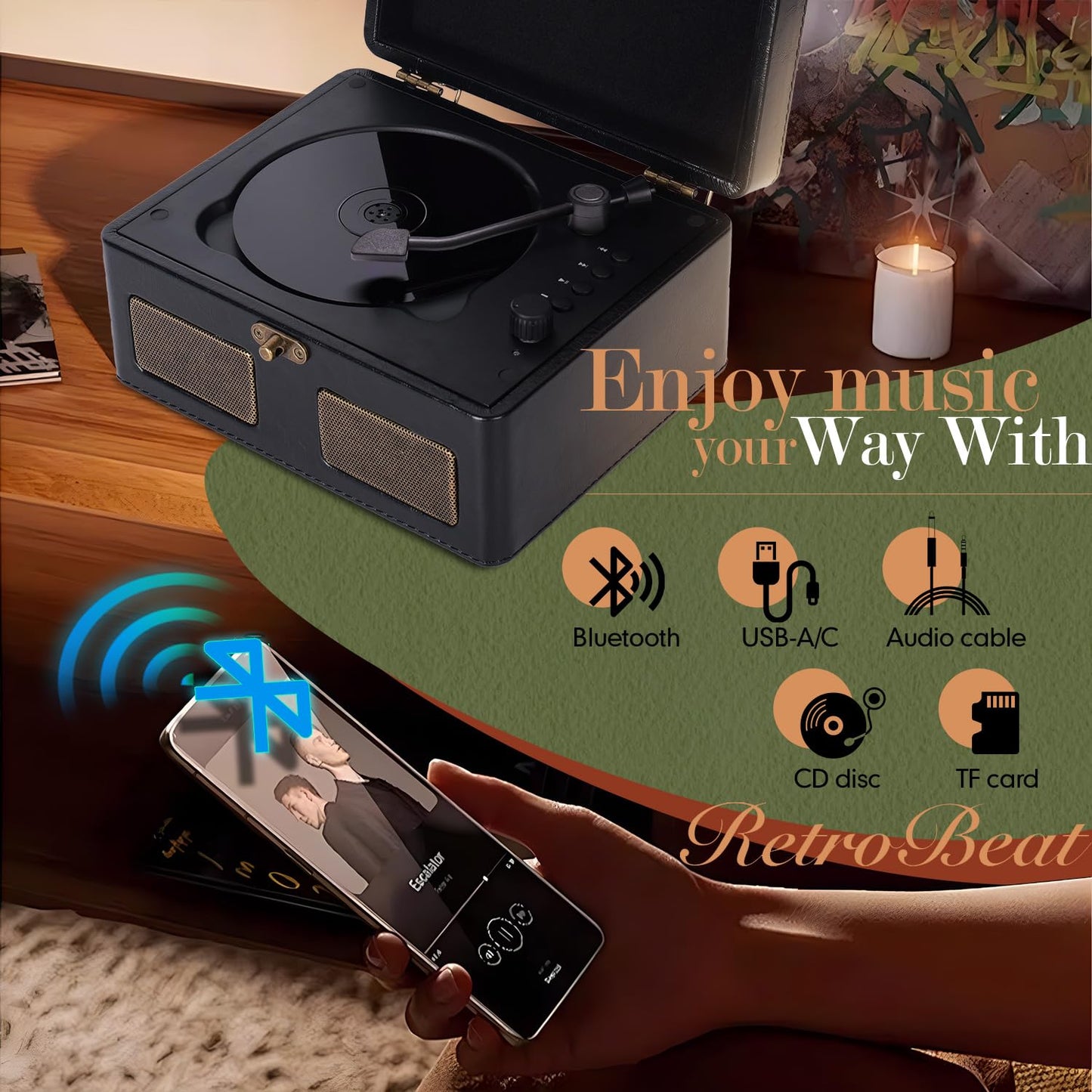 RetroBeat Time Vintage Portable Music Box – CD with Speakers, Bluetooth Transmitter, Rechargeable, USB/AUX, Multi‑Mode Gift(Black)