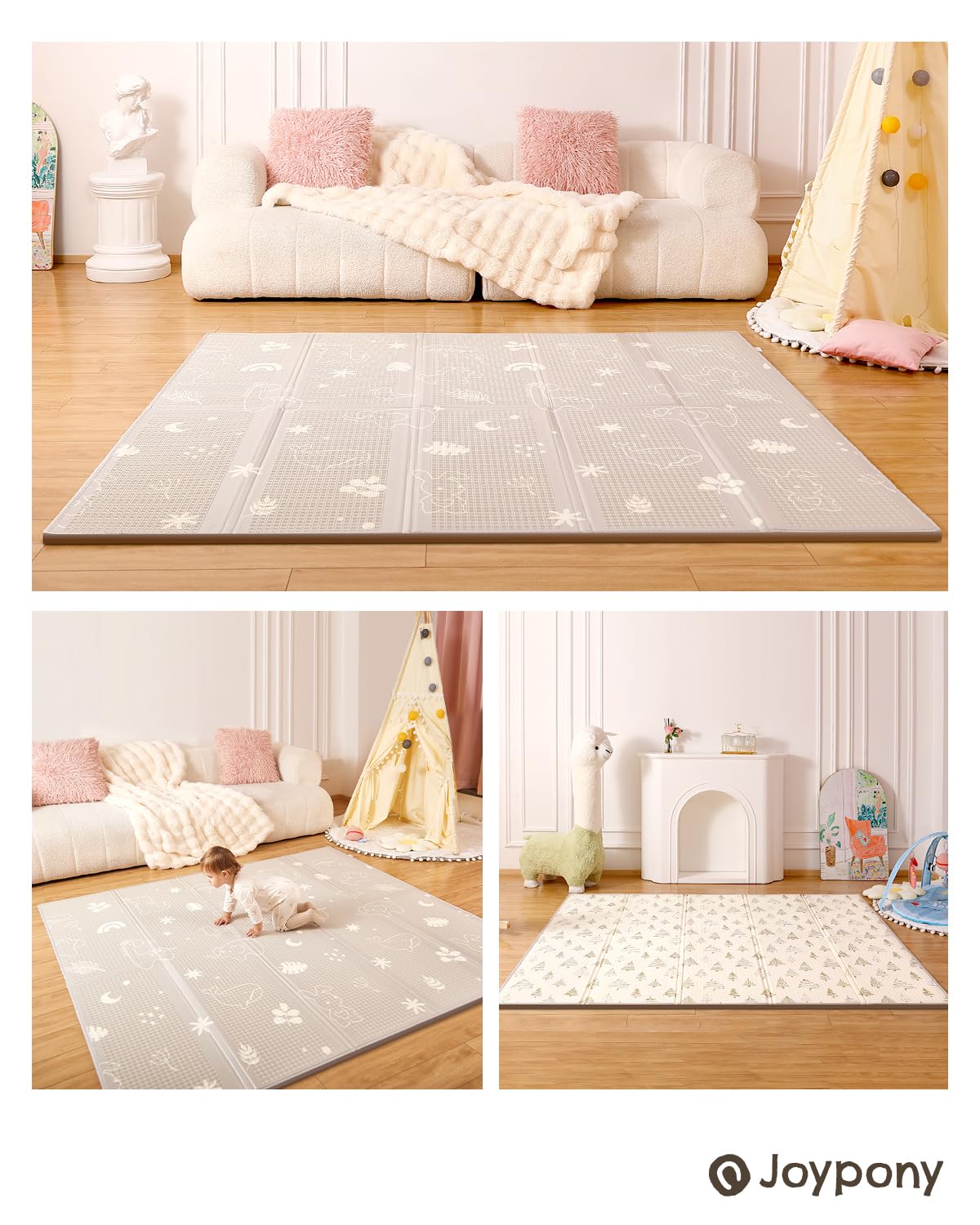 Joypony Baby Play Mat, 79" X 71" X 0.6" Extra Large & Thick Reversible Foldable Play Mats for Babies and Toddlers, Anti-Slip Portable Foam Floor Mat for Tummy Time with Travel Bag