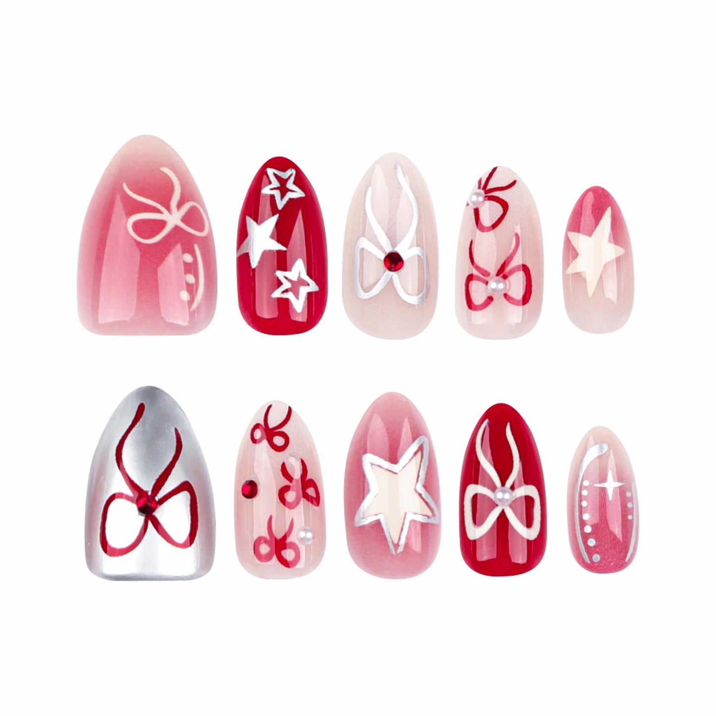 BABALAL Short Almond Press on Nails, Red Silver Chrome Acrylic Nails with Bow and Star Design, Y2K Full Cover Glue on Nails, 24Pcs