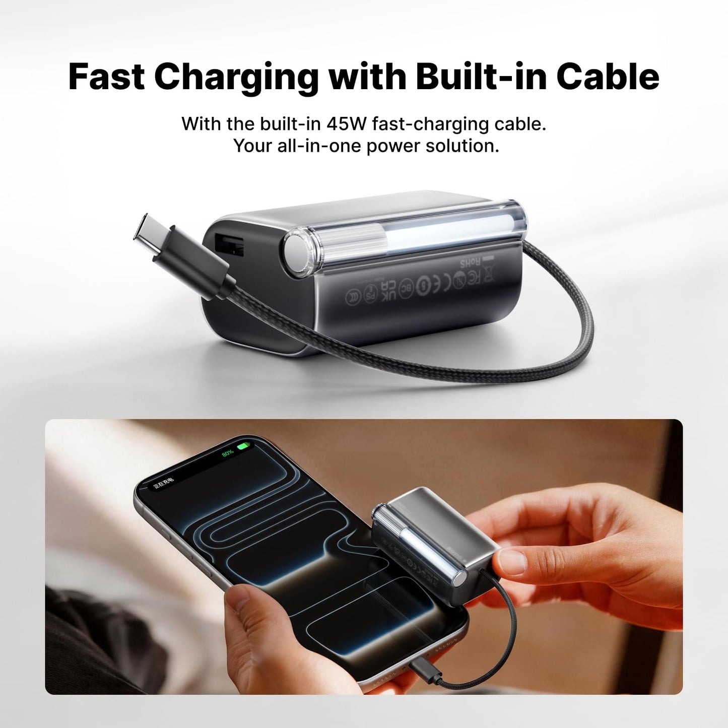 sharge Mini Portable Charger 45W 10000mAh Power Bank, Fast Charging Battery Pack with Built-in USB-C Cable, Compact Portable Phone Charger Travel Essentials Powerbank for iPhone 17/16