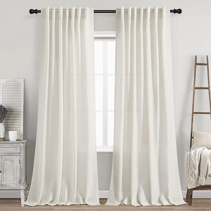 Nanspring Cream Linen Back Tab Curtains 85 Inch Length for Living Room 2 Panel Set Back Tab Rod Pocket Neutral Modern Farmhouse Window Curtain Privacy Semi Sheer Linen Drapes Rustic Curtain 52x85