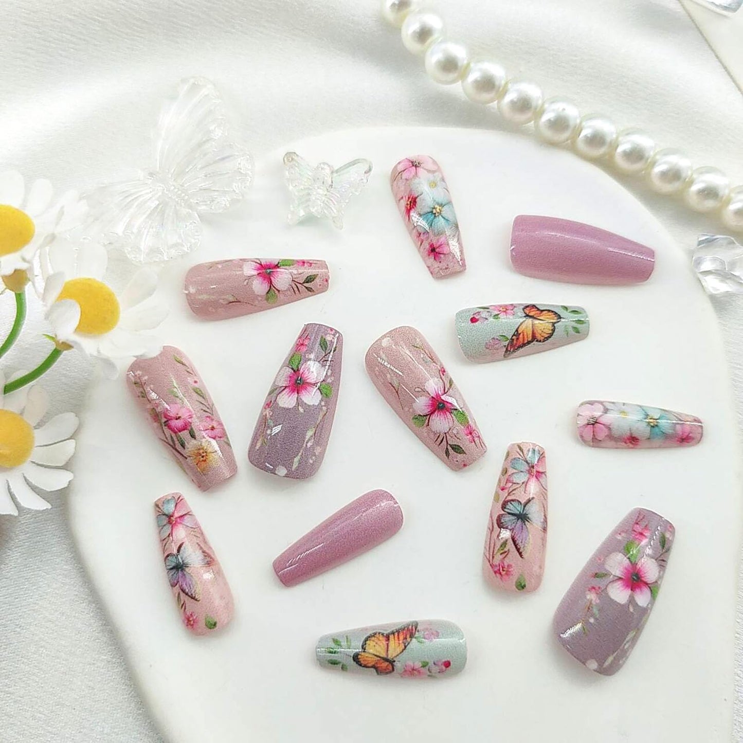 Spring Press on Nails Coffin Medium Fake Nails with Floral Butterfly Designs Pink Nails Press ons Glossy Glue on Nails Full Cover False Nails Cute Acrylic Nails Summer Stick on Nails for Women 24Pcs