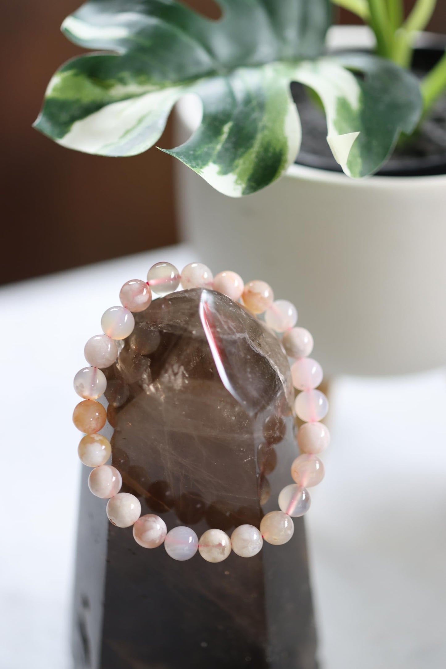 The Vida Handmade AAA+ Quality Crystal Stretch Elastic Bracelet - Nature Gemstone - Jewelry Gift - Holiday Gift - For Women & Men (Flower Agate)
