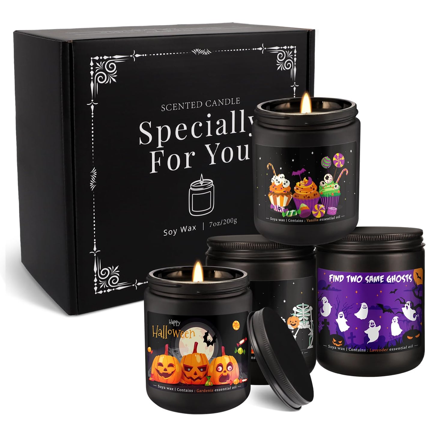 Wfmolcand Halloween Scented Candles Set, 4 Pack (7oz Each) Soy Wax Candles with Pumpkin, Ghost, Skeleton Designs, Perfect for Halloween Decor, Gifts and Aromatherapy.