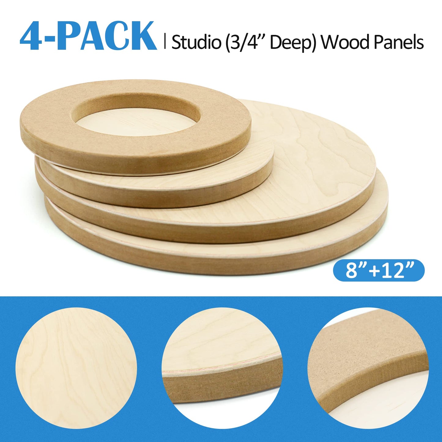 Falling in Art Unfinished Round Birch Wood Canvas Panels Kit, 4 Pack of 2 Sizes 8' and 12' Studio 3/4’’ Deep Cradle Boards for Pouring Art, Crafts, Painting, and More