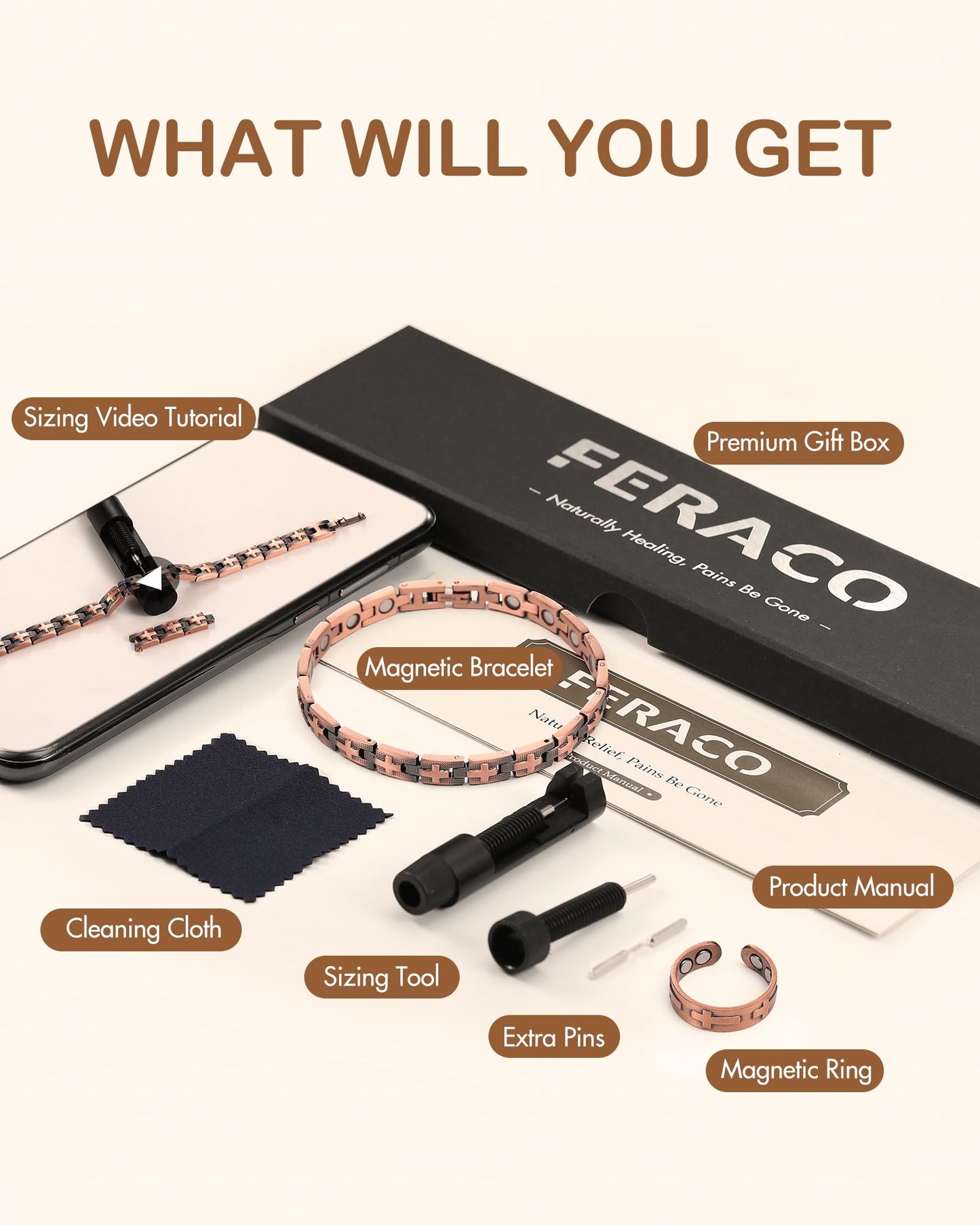 Feraco Solid Copper Bracelets & Rings for Women, Ultra Strength Magnetic Bracelet with 3500 Gauss Neodymium Magnets, Adjustable with Sizing Tool, Cross Jewelry