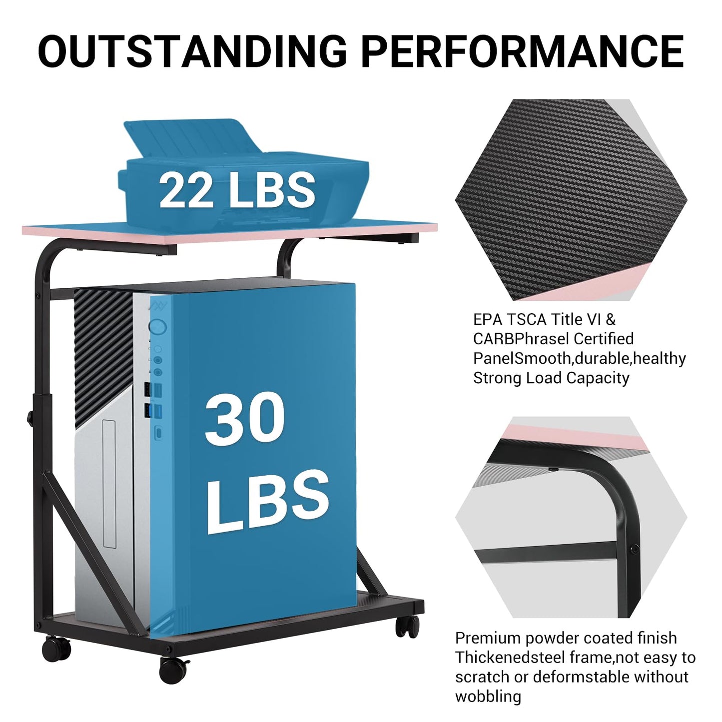 FUSLITE Ergonomic Height Adjustable Computer Tower Stand, 2-Tier CPU Holder Cart Under Desk, PC Floor Stand for Office Gaming Room, Black and Pink