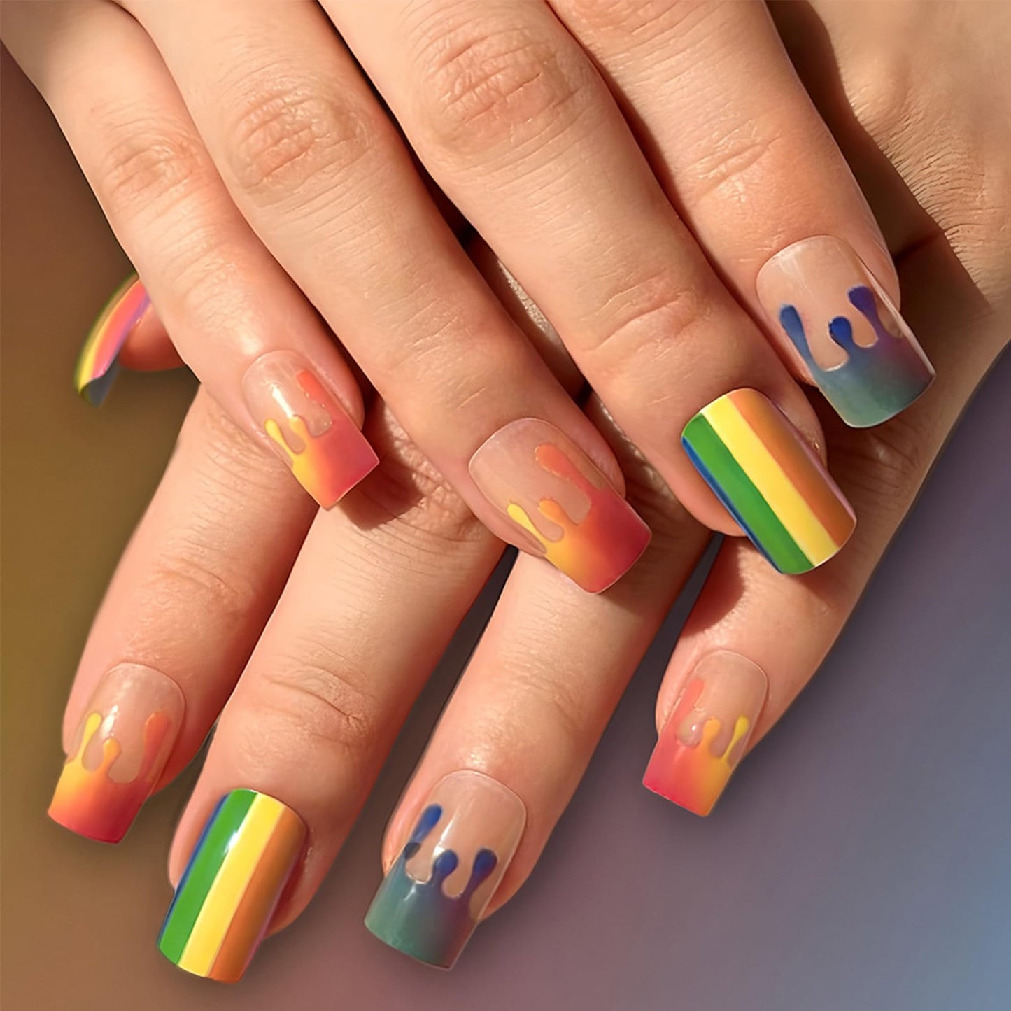 Rainbow Press on Nails Medium Square Fake Nails with Colorful Stripes Design Cute Summer Nails Press ons Glossy Full Cover Stick on Nail Artificial Glue on Nails for Women 24Pcs
