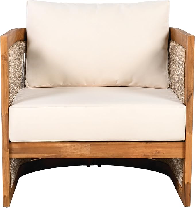 Christopher Knight Home Nesbit 4 Pieces Conversation Set, Acacia Wood Chat Set, Woven Rope Loveseat and Accent Chairs, Slat Panel Coffee Table, Patio Furniture Set for Backyard Balcony Garden, Beige