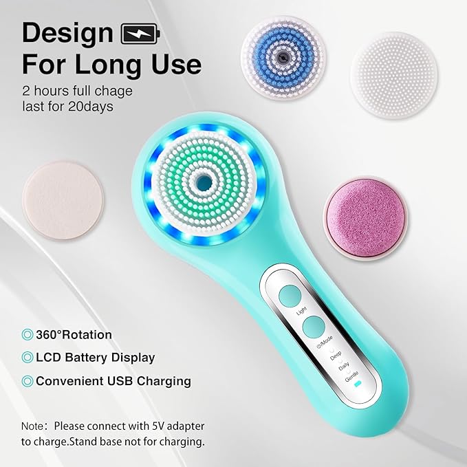 Face Scrubber Exfoliator,Facial Cleansing Brushes Rechargeable IPX7 Waterproof with 5 Brush Heads,Electric Face Spin Brush for Exfoliating, Massaging and Deep Cleansing (Blue+White)