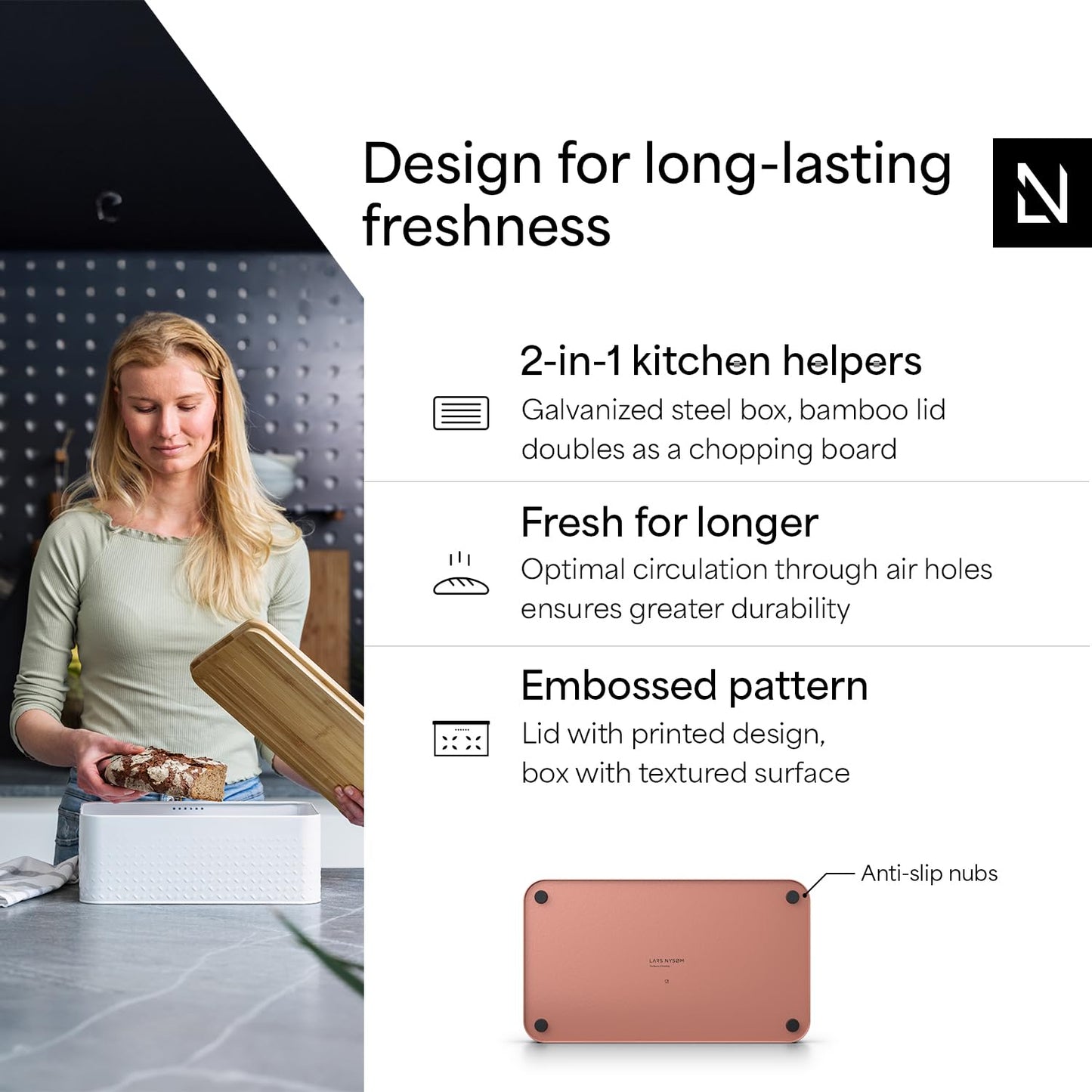 LARS NYSØM Bread Box I Metal Box for long lasting freshness I Bread Bin with bamboo lid usable as cutting board I 13.4x7.7x5.3In (Brick Red)