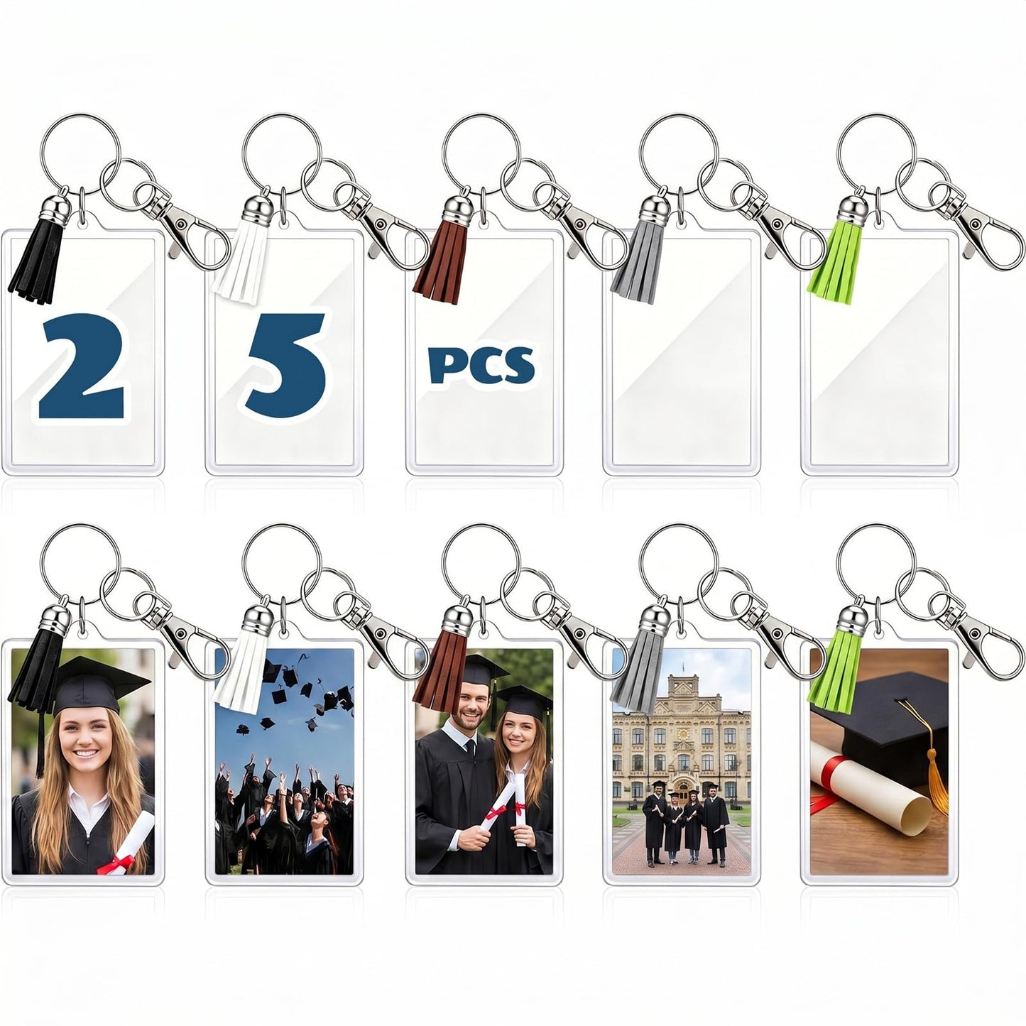 Chuangdi 25 Pack Large Acrylic Photo Keychains with Tassels 3x2.2 inch Custom Picture Frame Keyring for DIY Making Supplies