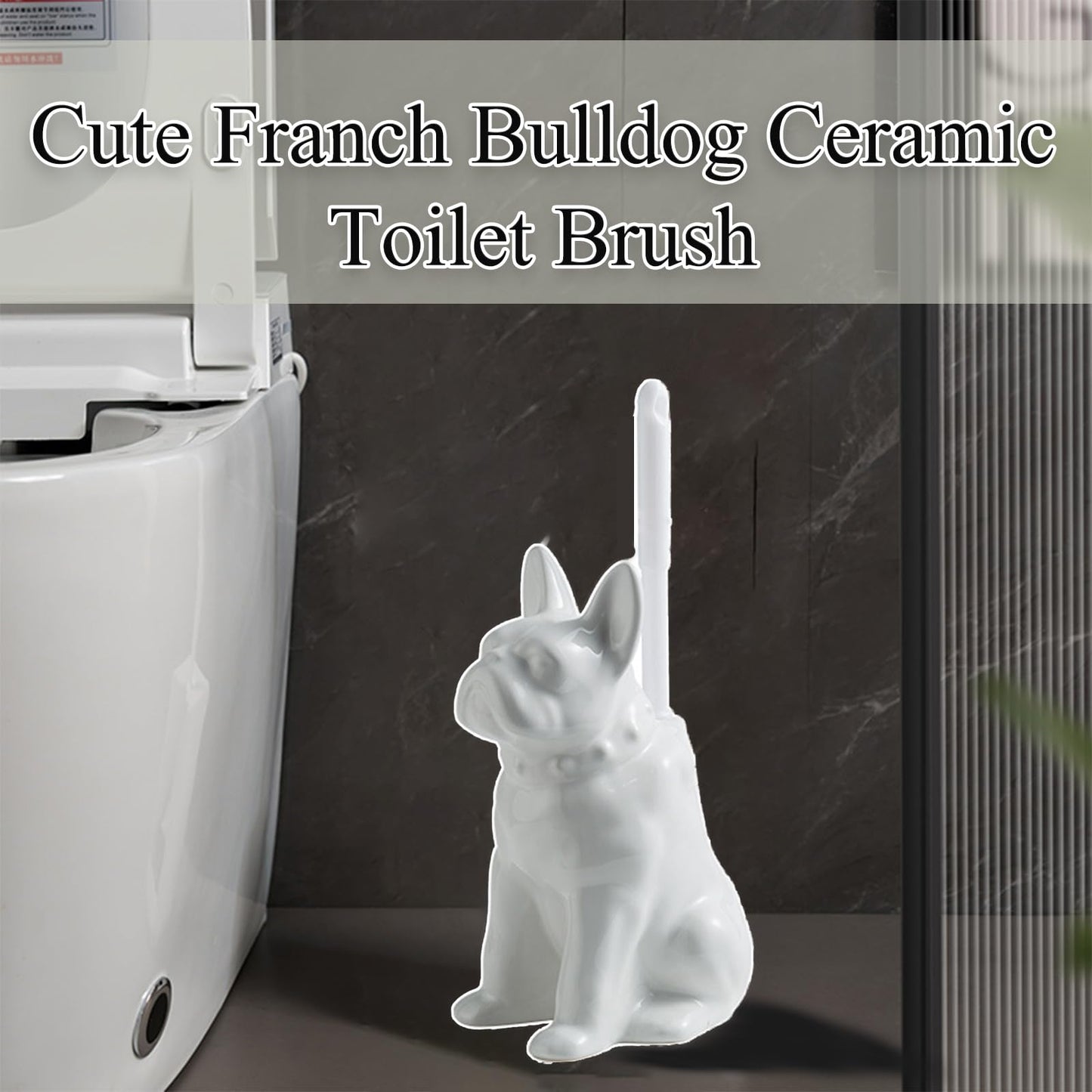 Ceramic French Bulldog Toilet Brush Holder – Cute Bathroom Decor with Hideaway Storage, Space-Saving Design, Premium Ceramic Dog Lover Gift, Includes 2 Durable Scrub Brushes (White)