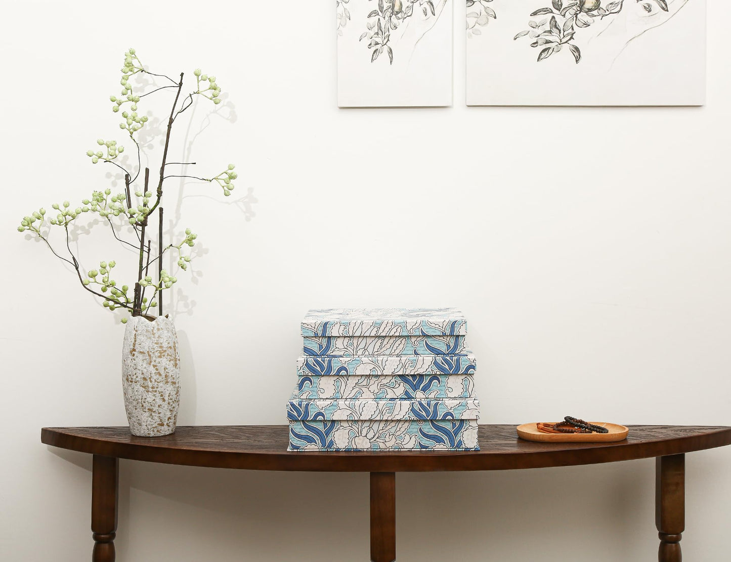 MIZFRUZZY 3-Piece Decorative Storage Boxes with Lids, Blue & White Art-Inspired Botanical Pattern, Sturdy Cardboard Keepsake Boxes, Stackable Memory Storage Boxes for Home Decor & Shelving