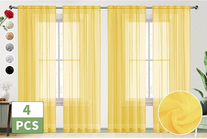 SpaceDresser Yellow Sheer Curtains 4 Panels Rod Pocket Semi-Sheer Curtain 63 Inches Long Light Filtering Voile Window Drapes for Bedroom Living Room Kitchen, Each 52W x 63L