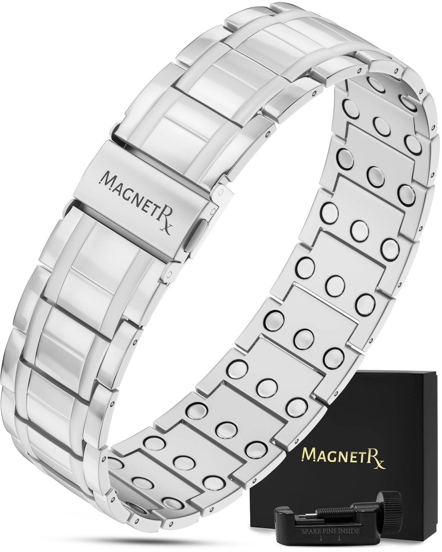 MagnetRX® 3X Strength Mens Magnetic Bracelet – Titanium Magnetic Bracelets for Men – Premium Fold–over Clasp & Adjustable Length with Sizing Tool & Gift Box (Silver)