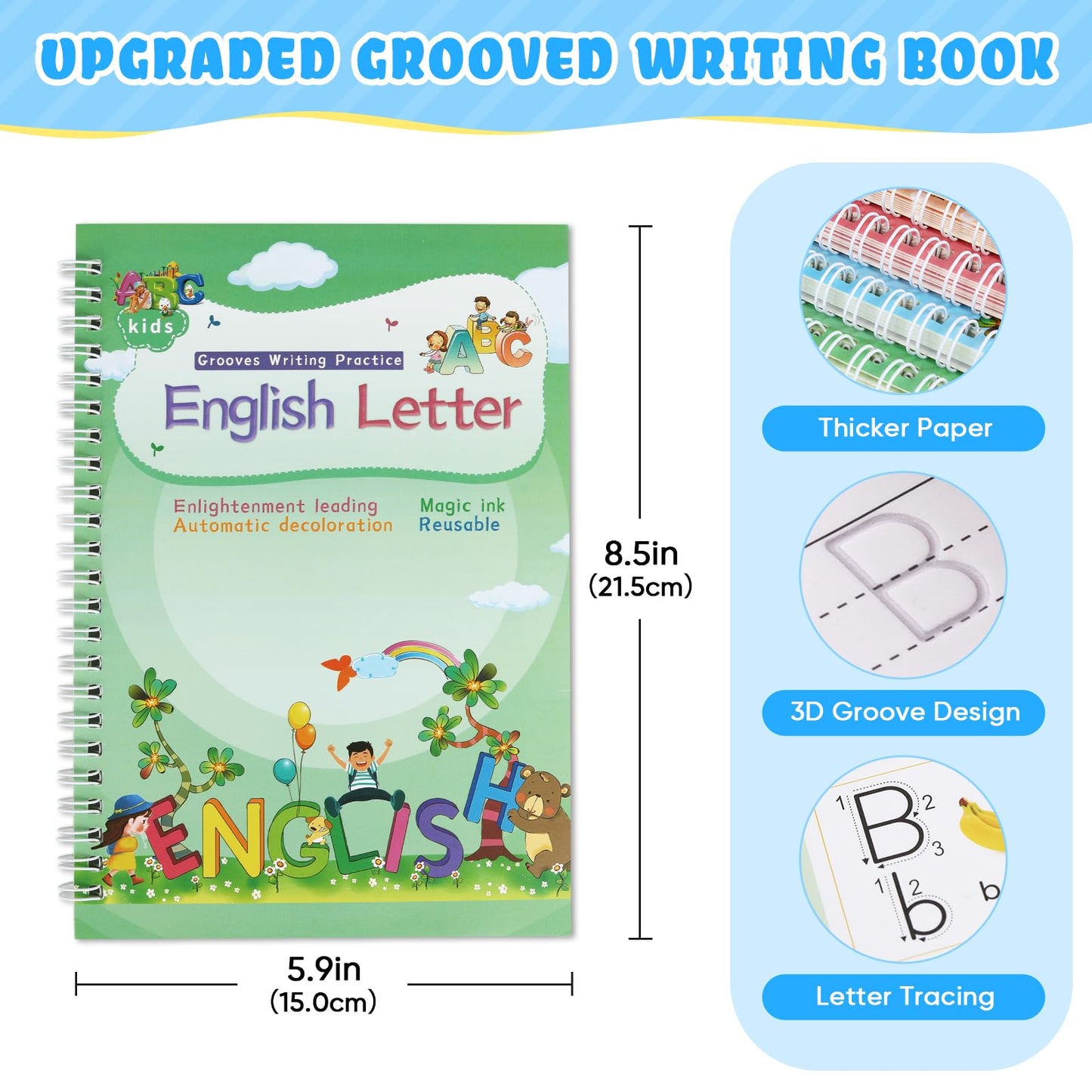 ASIGN Magic Ink Copybooks for Kids Reusable Handwriting Workbooks for Preschools Grooves Template Design and Handwriting Aid Gifts for kids (5)