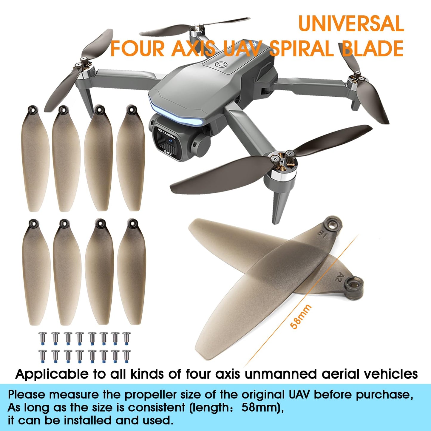 mcokoe Universal 58mm/2.28In Drone Propellers for E88、E25、K911、S115、S119、A17、S132、F167、X28、X26、L106 Models - Replacement Drone Accessories with Stable and Low-Noise Operation 16-Pack (Gray)