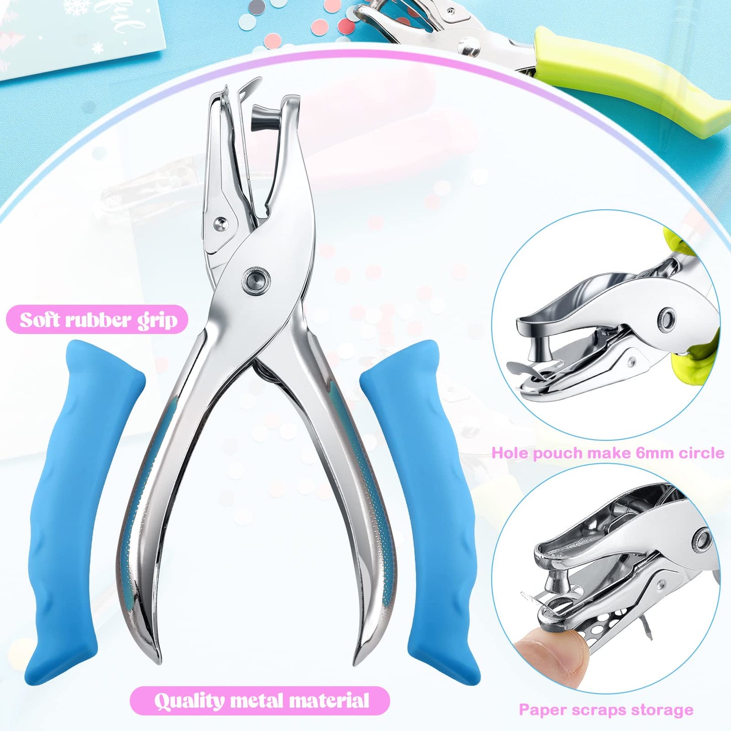 Chumia 12 Pieces Single Hole Punch Handheld 1/4 Inch Hole Paper Punch with Grip Handles Circle Single Shape Puncher for Craft Paper Greeting Cards Scrapbook Notebook(Multicolor)