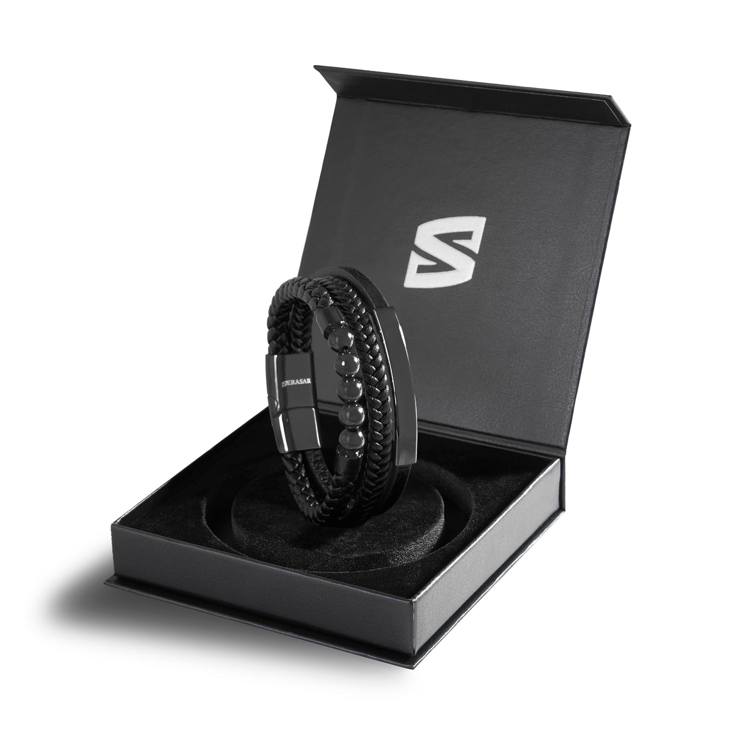 SERASAR Mens Original Leather Bracelet 20cm Black Men Gift Box Genuine Braided Adjust Able Magnetic Clasp Multi Layer Wrap Rope Man Mans Bracelets Jewelry Magnet Accessories