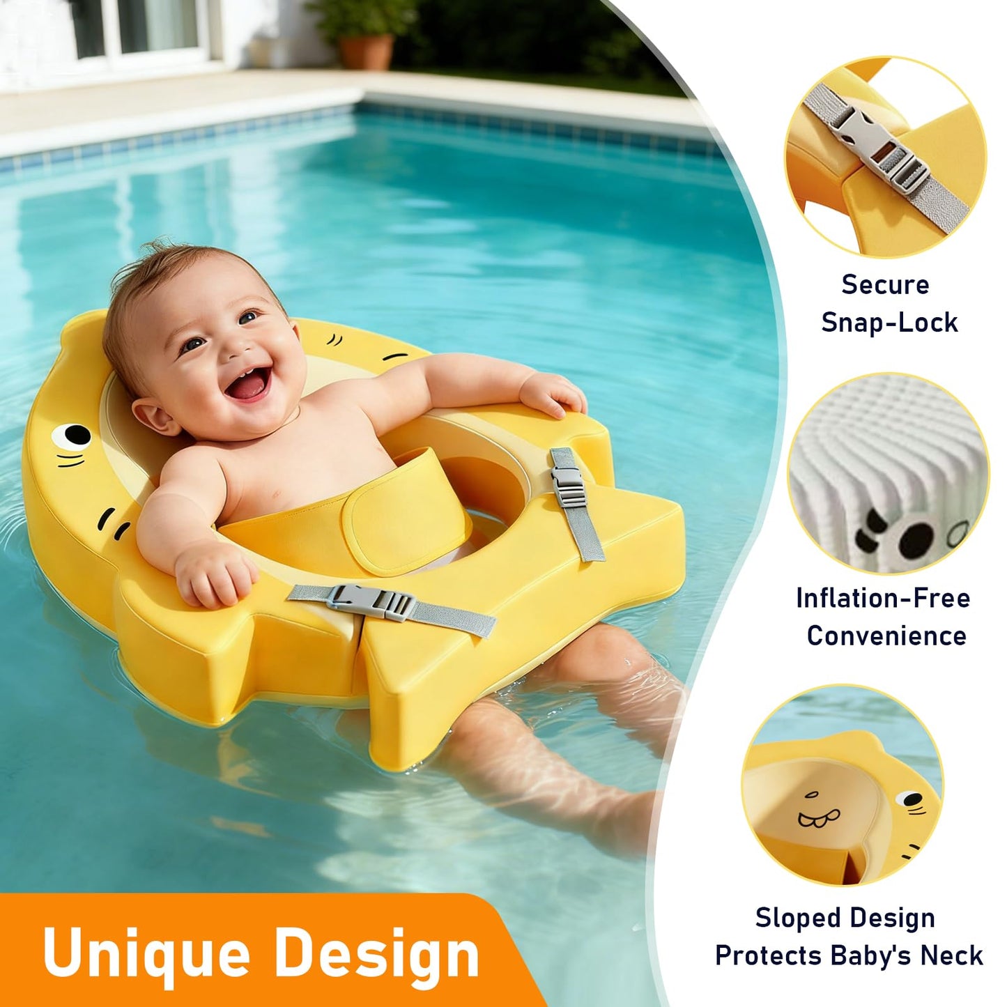 Deehouve Non-Inflatable Baby Pool Float, Solid Swim Water Float with Safety Seat,Waterproof Comfortable Waist Swim Trainers Infant Pool Essentials for 3-36 Months Beach Play (Yellow)
