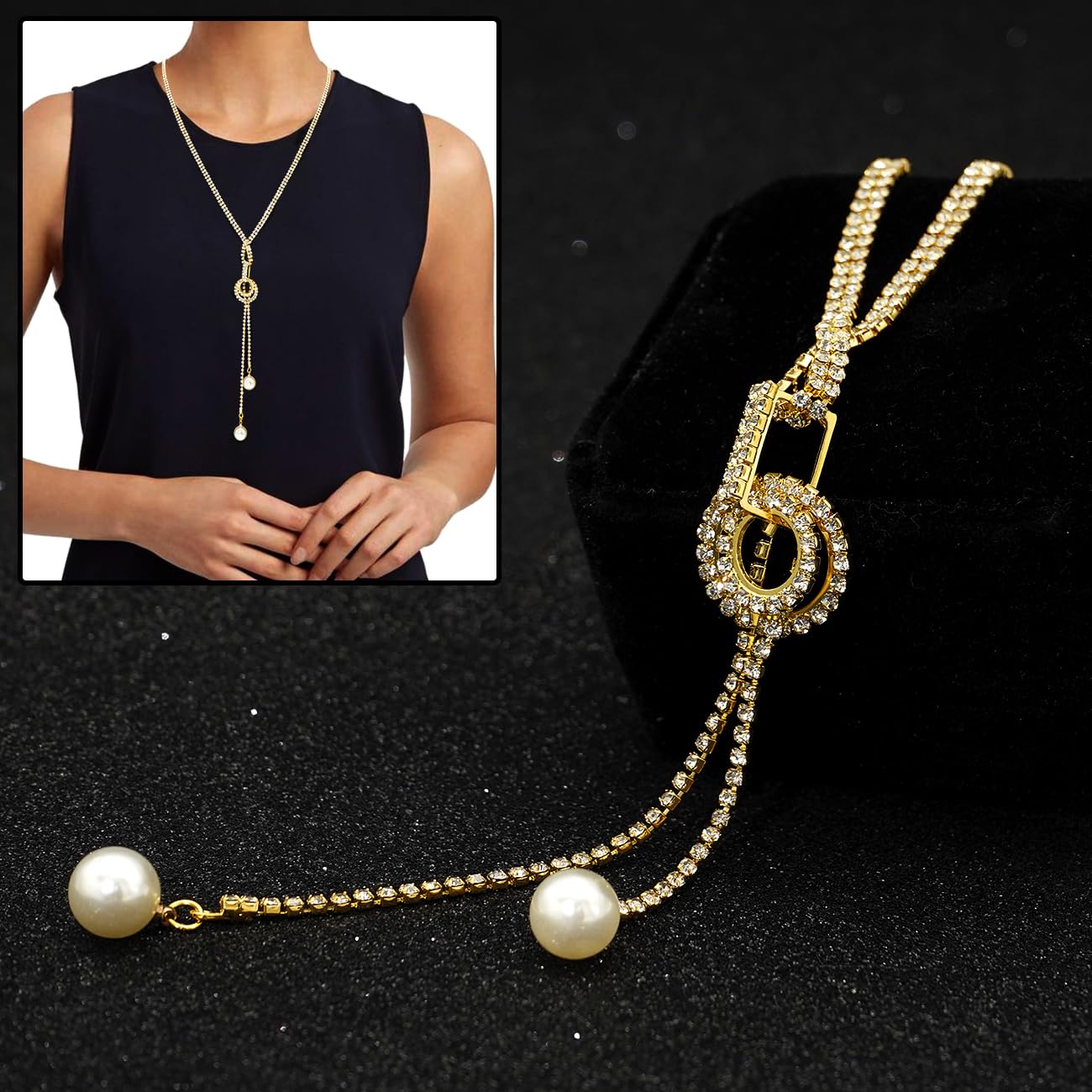 Suyi Trendy Crystal Long Necklace All-Match Style Shining Clothing Sweater Chain Pearl Gold 2