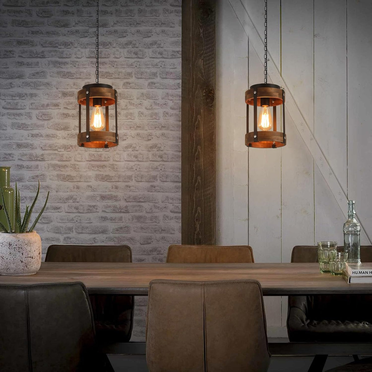 Rustic Farmhouse Wood Pendant Light Fixture One-Light Adjustable Chain Oak Wood and Metal Lantern Drum Small Pendant Lighting for Kitchen Island Sink Hallway Farmhouse Bathroom Bar, Black