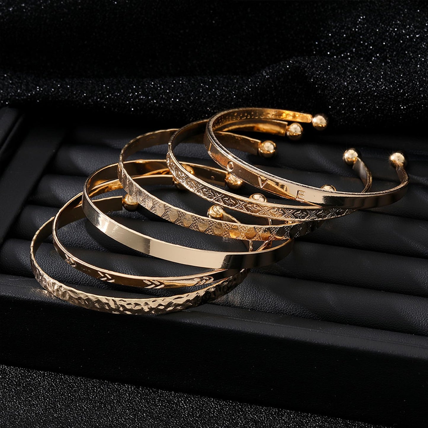 IFKM Gold Bangle Bracelets For Women, 14k Gold Plated Multi Layer Stackable Cuff Bracelet Set, Trendy Elegance Charms Non Tarnish Minimalist Textured Boho Jewelry Gift (6pcs Love)