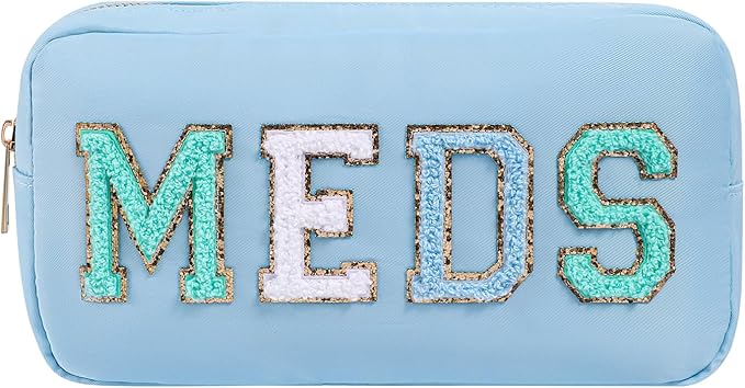 Chenille Letter Patch Nylon Medicine Packages,Cute MEDS Travel Makeup Bag with Metal Zipper, First Aid Purse Organizer Cosmetic Bag for Women and Girls(02Light Blue)