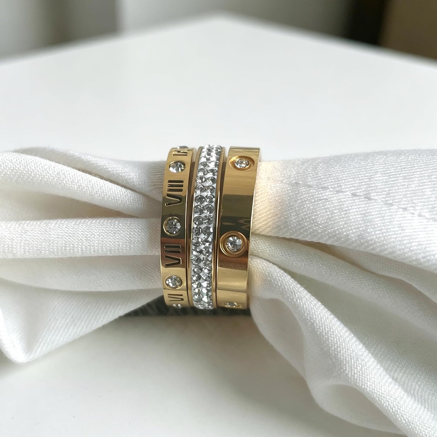 YIKOXI 3pcs Love Friendship Lucky Ring Cubic Zirconia Gold Ring Sets for Women Stainless Steel Wedding Statement Thumb Ring Bands (Gold, 9)