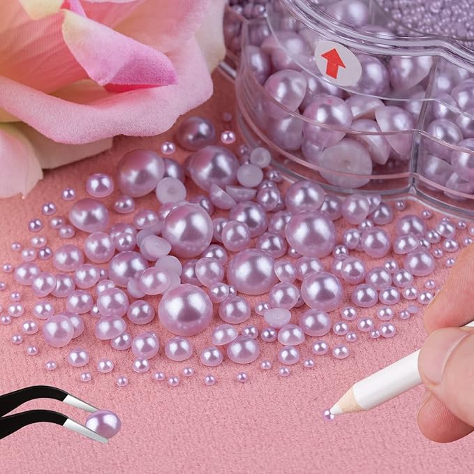 Nail Art Flat Back Half Round Pearl Kits 23, 1 Box of 6000 Pcs Flat-Back Light Purple Pearl with Tweezer and Picker Pencil for Home DIY Nails Body Face Craft and Salon Use