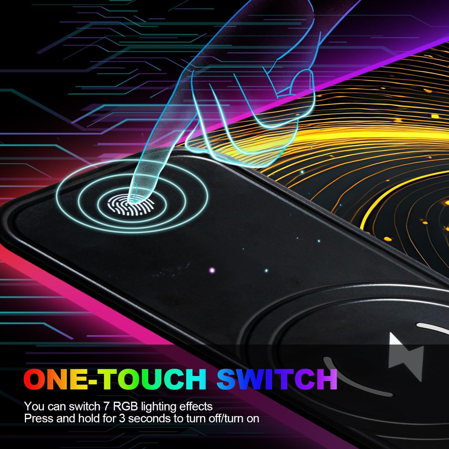 Wireless Charging RGB Gaming Mouse Pad, 31.5 x 11.8 Inch Extended Mouse Mat with Black & Gold Abstract Wave Design, LED Desk Pad with 7 Lighting Modes, Non-Slip Base for Gaming & Office