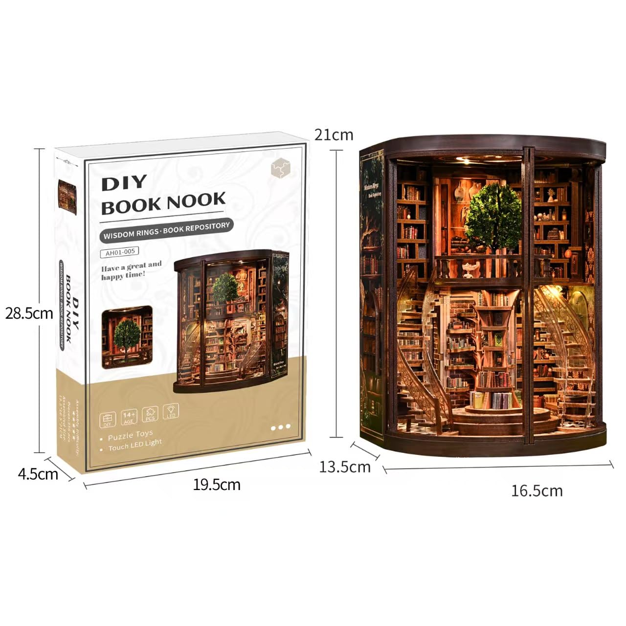 obzergem Book Nook Kit - Wisdom Rings Book Archive - Wooden Bookend and 3D Puzzle with LED Light, DIY Set for Adults, Bookshelf Decoration Diorama Kit, for Birthdays