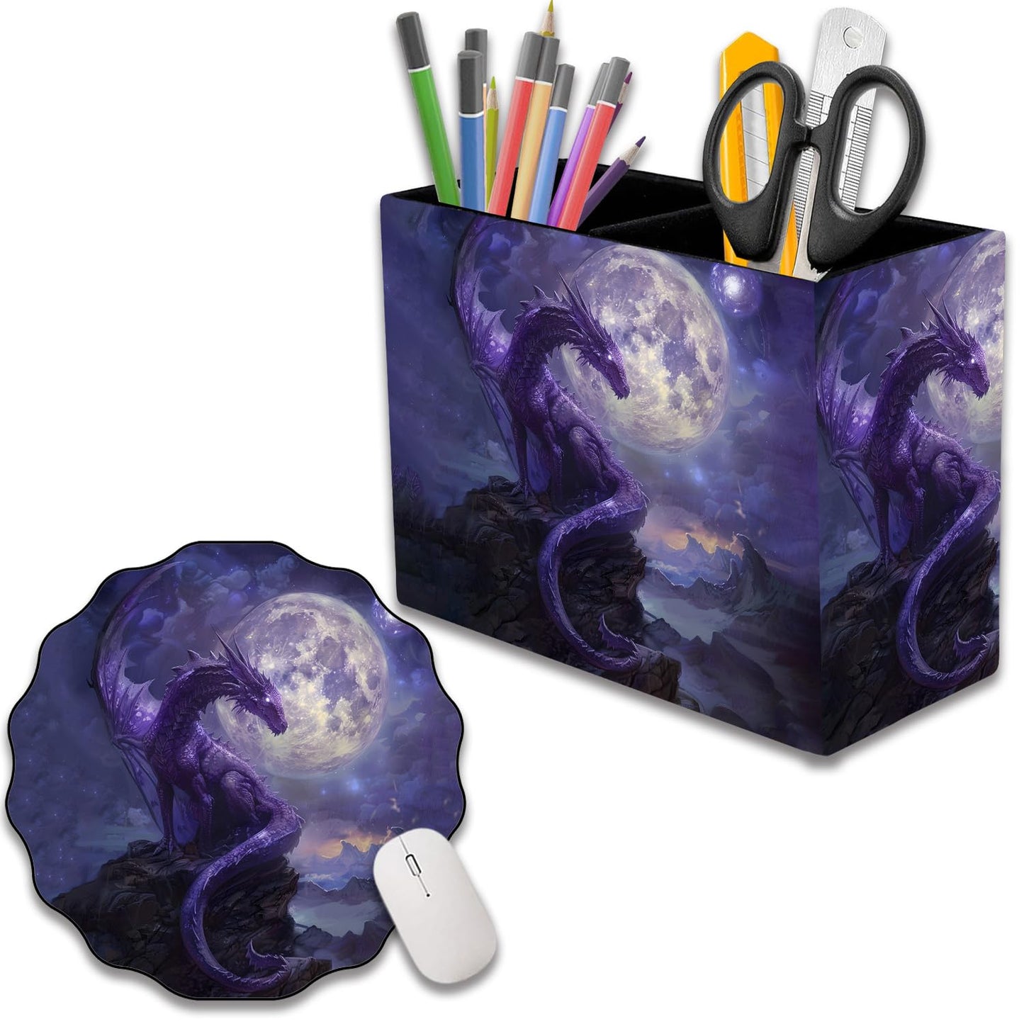 RVHOEZZM Pen Holder and Lace Mouse Mat Set, 2 Compartment Leather Pen Storage Boxes, Makeup Brush Storage Box, Suitable for Office and Home Desk Accessory Storage - Starry Purple Dragon