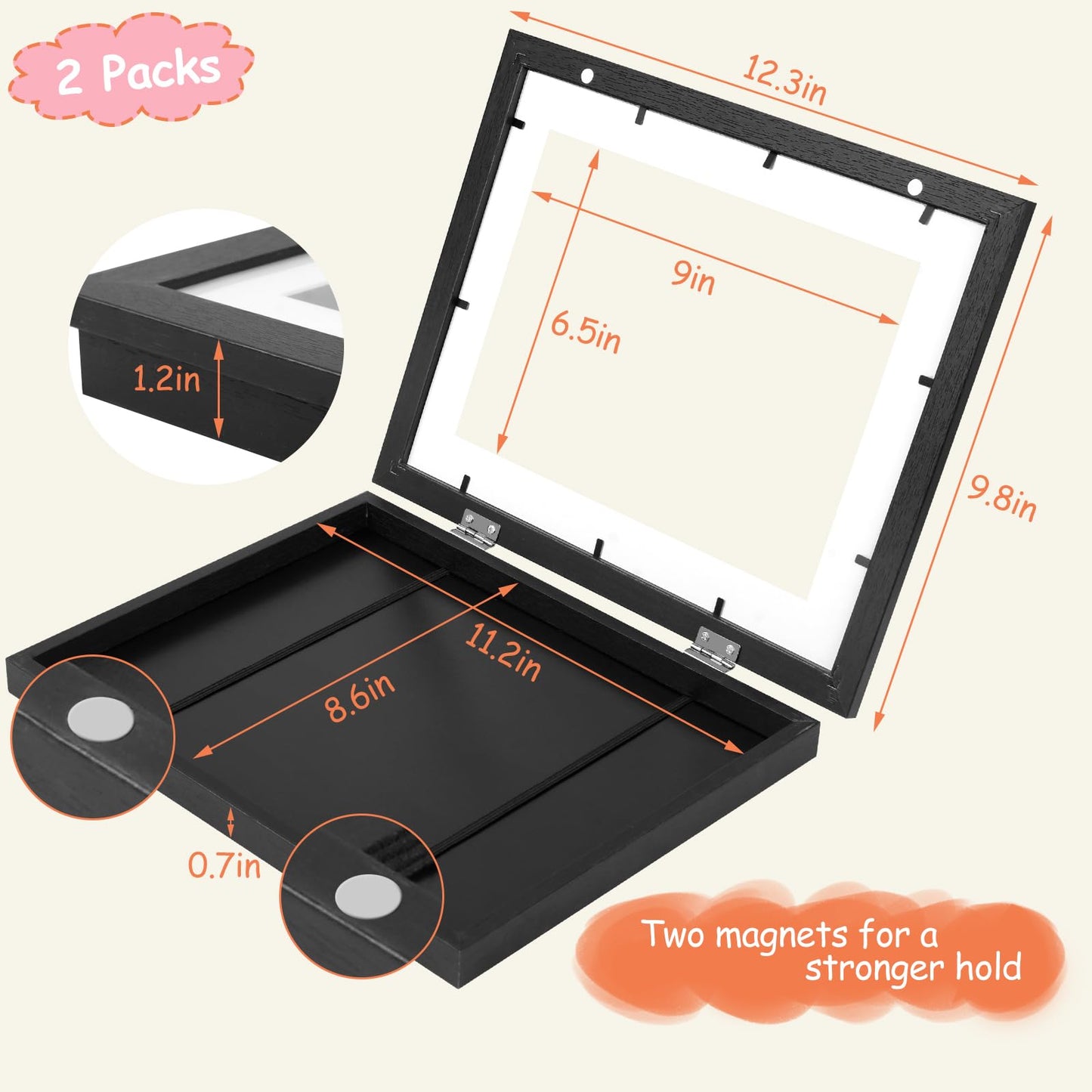 PECULA 2 Packs Kids Art Frame, 8.5x11 Front Opening Kids Artwork Frames Changeable, Holds 100 Drawings Artwork Frames for Kids Art, 3D Picture, Craft Storage, Hanging Wall Decor(Black)