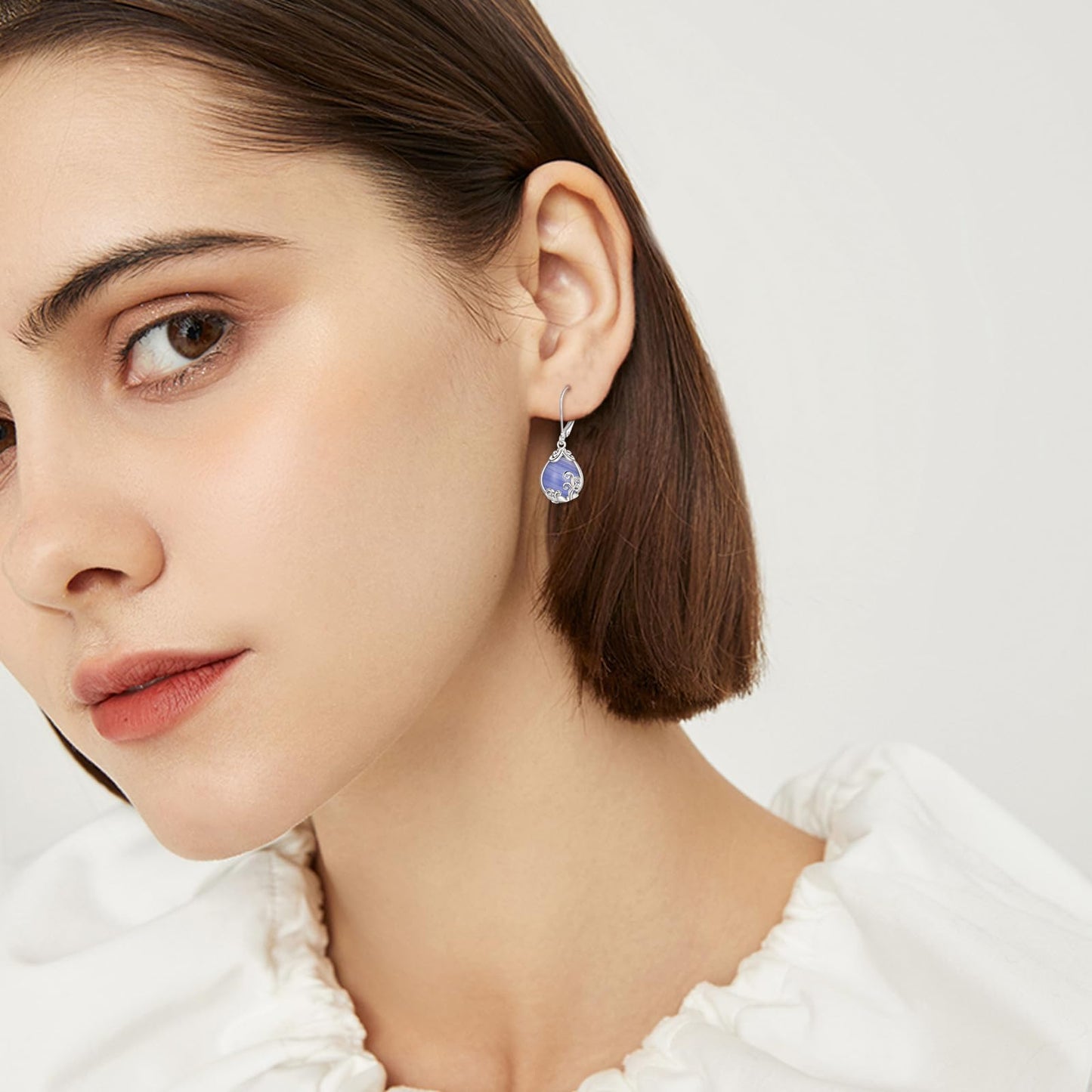 POPLYKE Blue Lace Agate Filigree Teardrop Drop Dangle Earrings Sterling Silver Crystal Leverback Earrings Jewelry for Women