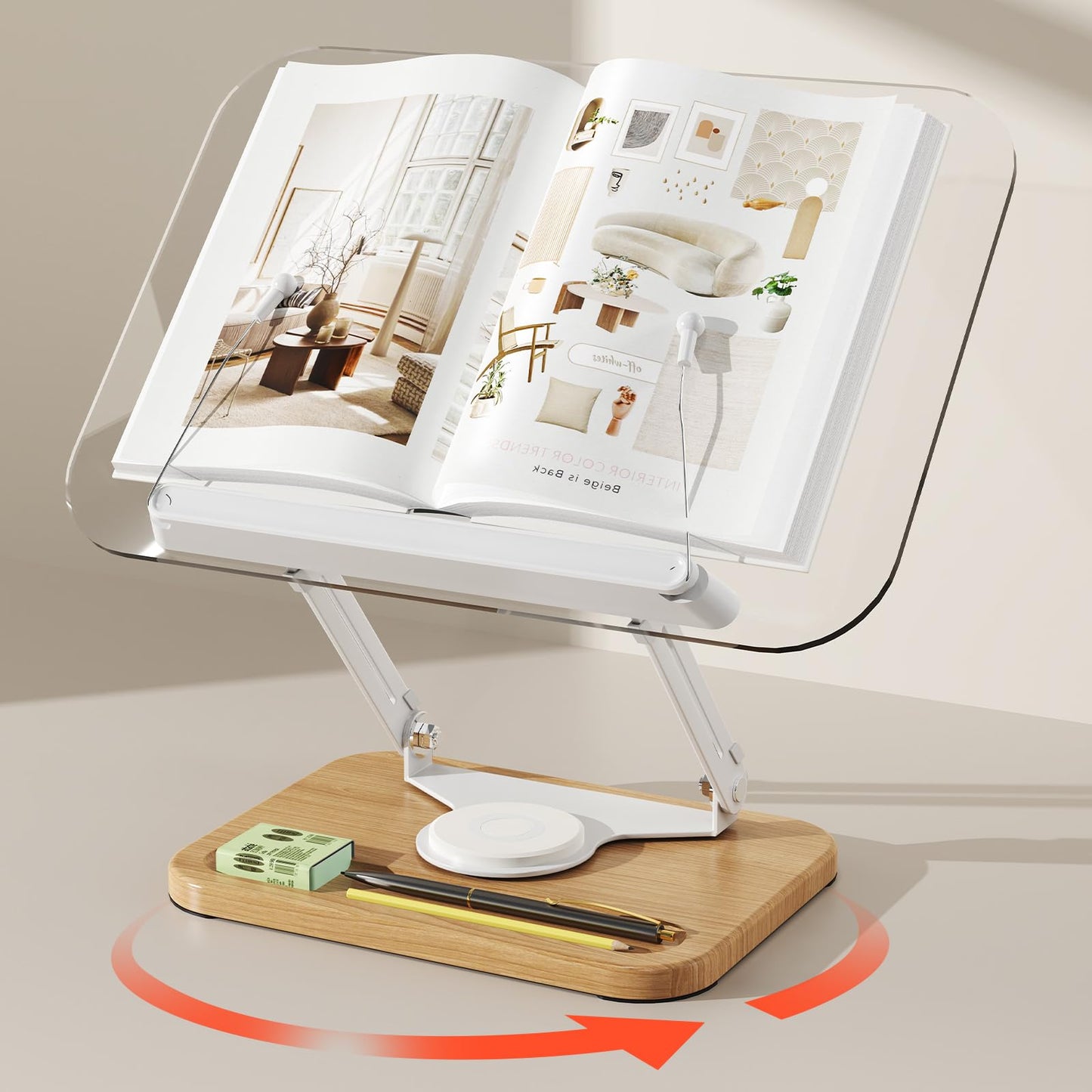 BYMECOST Acrylic Book Stand for Reading, 360°Rotating Book Holder with Pen Slot, Adjustable Height and Angle, Elastic Clips for Cookbook Stand, Foldable Desktop Riser for Laptop,Tablet,Recipe,Magazine