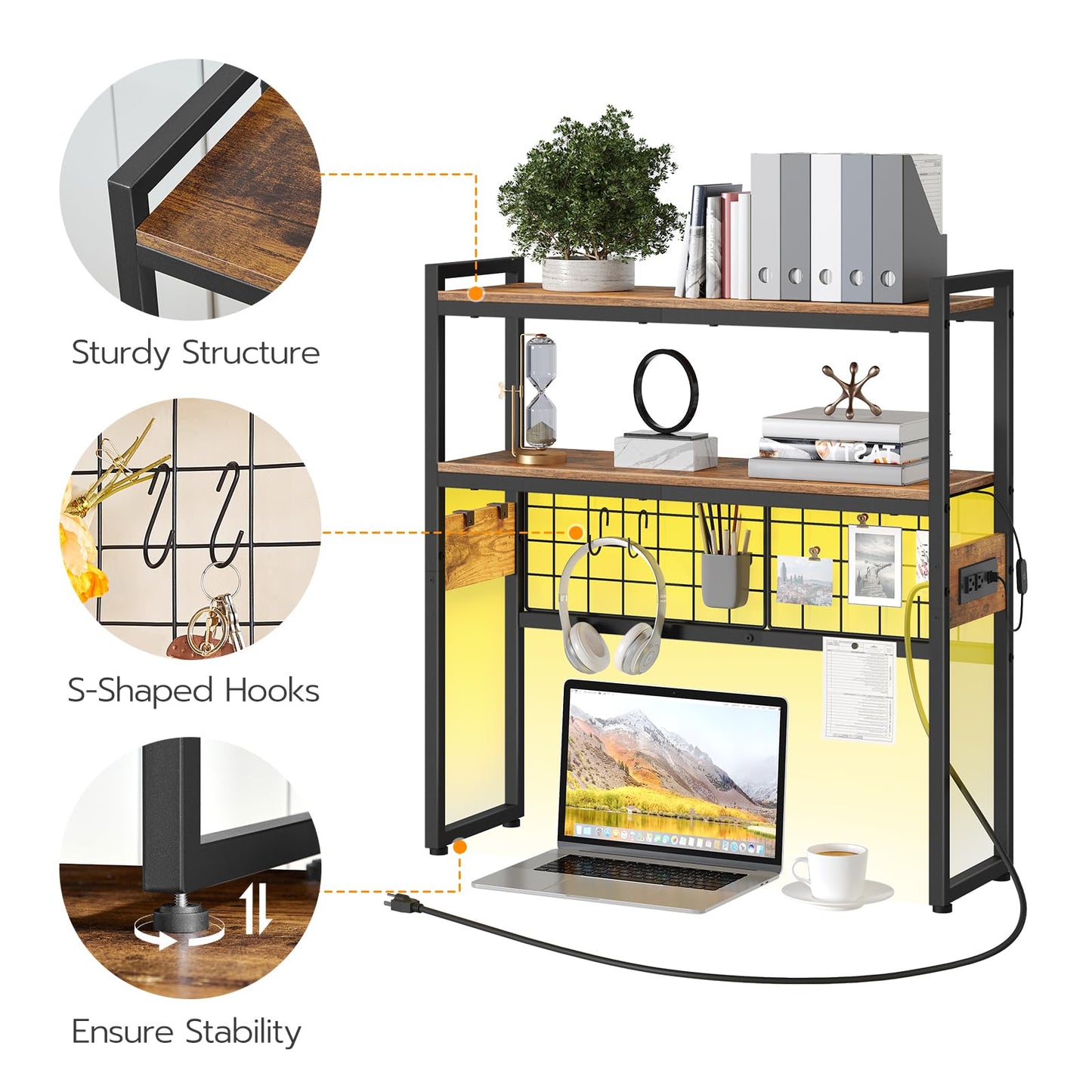 HOOBRO Desktop Bookcase, 2-Tier Desktop Organizer, 29.9" Wooden Office Storage Rack with Outlets, Display Shelf Rack with Light Strip, Desk Hutch for Office, Rustic Brown BF11UDSJ01
