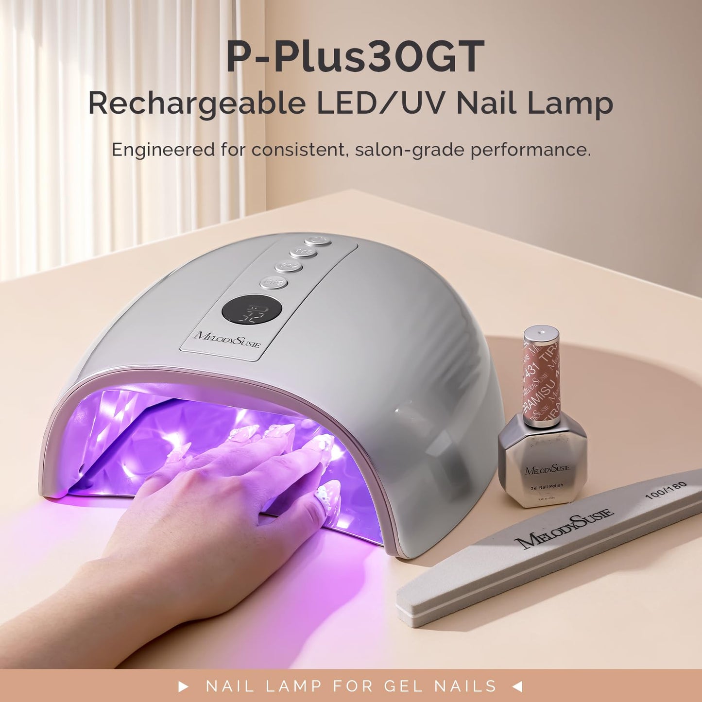 MelodySusie Professional Cordless UV Nail Lamp with Metal Base, P-Plus30GT Nail Dryer with Smart Sensor for Salon & DIY Home Use Fast Cures All Hard Gels, Especially Extension & Glitter Gel Polishes