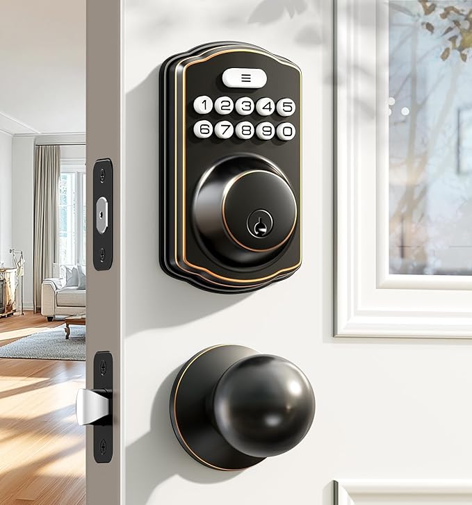 Veise Keyless Entry Door Lock with 2 Knobs, Electronic Backlit Keypad Deadbolt with Handle Set, Auto Lock, One-time Codes, Smart Deadbolt for Front Door, Easy Installation, Oil-Rubbed Bronze