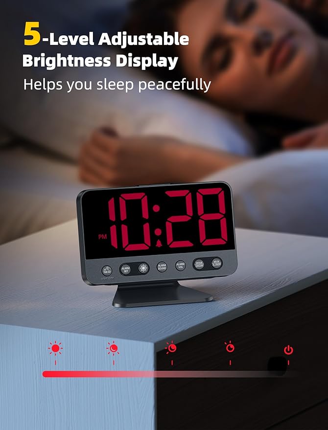 Odokee Digital Alarm Clocks for Bedrooms with Large Bold Number | Electric Desk Clock with Night Light & Brightness Dimmer - Loud Alarm for Heavy Sleepers with Adjustable Volume - Red